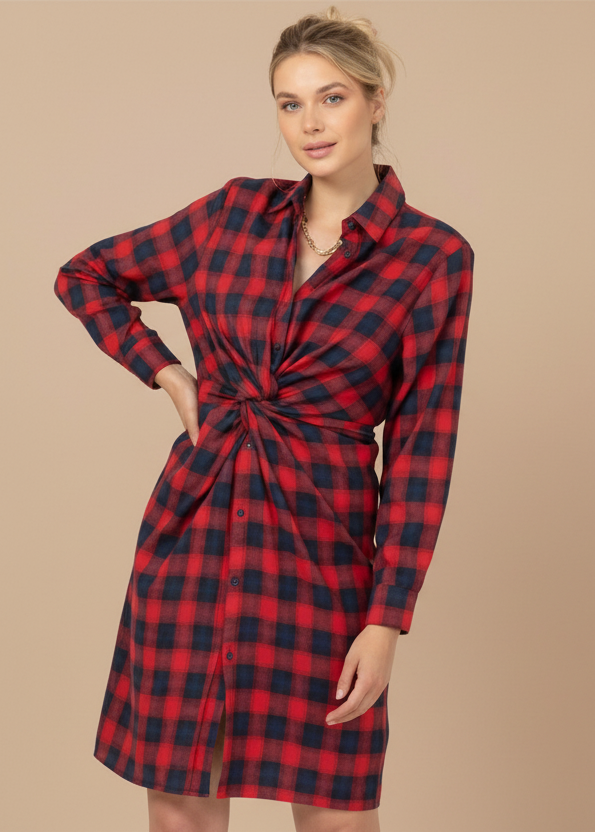 Plaid Twist-Front Midi Shirt Dress - Red