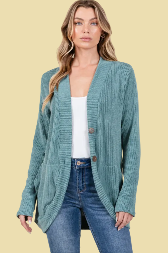 Ribbed Button Up Cardigan - Teal
