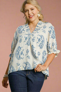 Two Tone Paisley Print Top - Blue