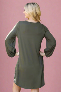 V-Neck Long Sleeve Dress - Olive