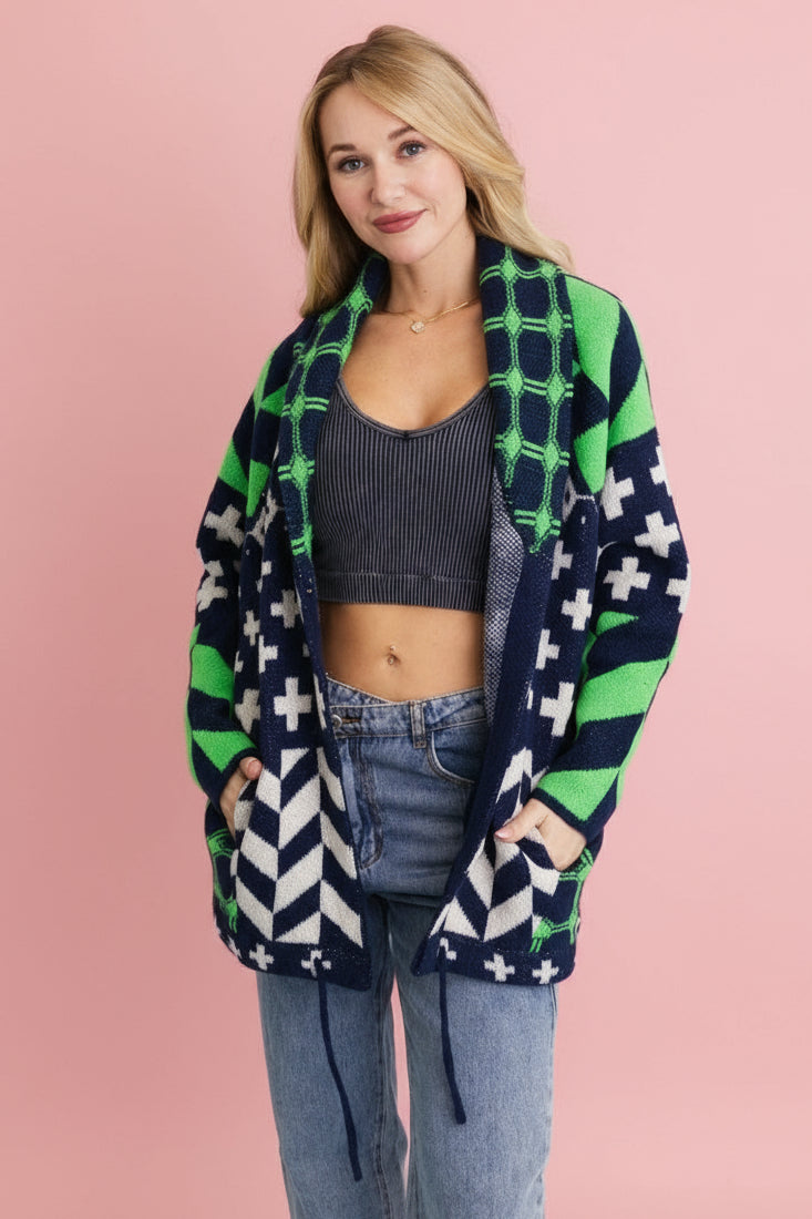 Sierra Spirit Geometric Knit Cardigan - Navy