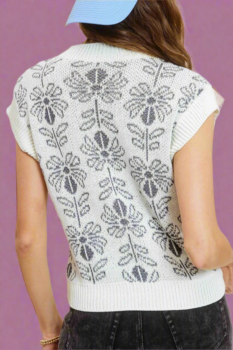 Floral Sleeveless Sweater Vest Top - Pebble