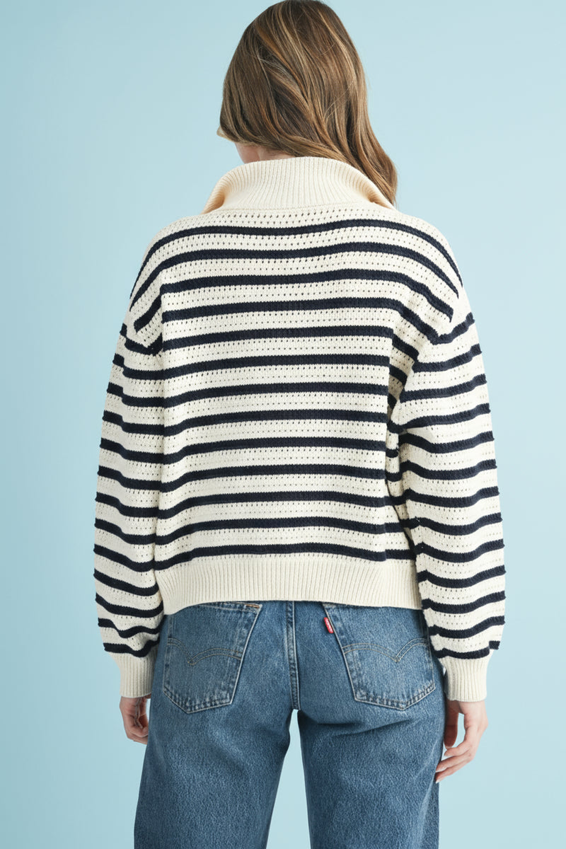 Half-Zip Pointelle Stripe Sweater