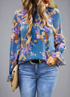 Bright Floral Ruffle Trim Blouse - Blue