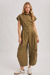Button Down Utility Shirting Jumpsuit - Olive