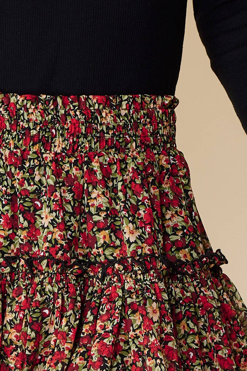 Floral Print Ruffled Mini Skirt With Lining - Black