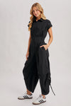 Button Down Utility Shirting Jumpsuit - Black