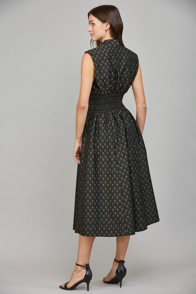 V-Neck Front Zip Midi Dress - Black