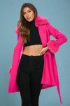 Faux Fur-Trimmed Belted Coat - Hot-Pink