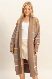 Striped Open Front Long Cardigan - Mocha