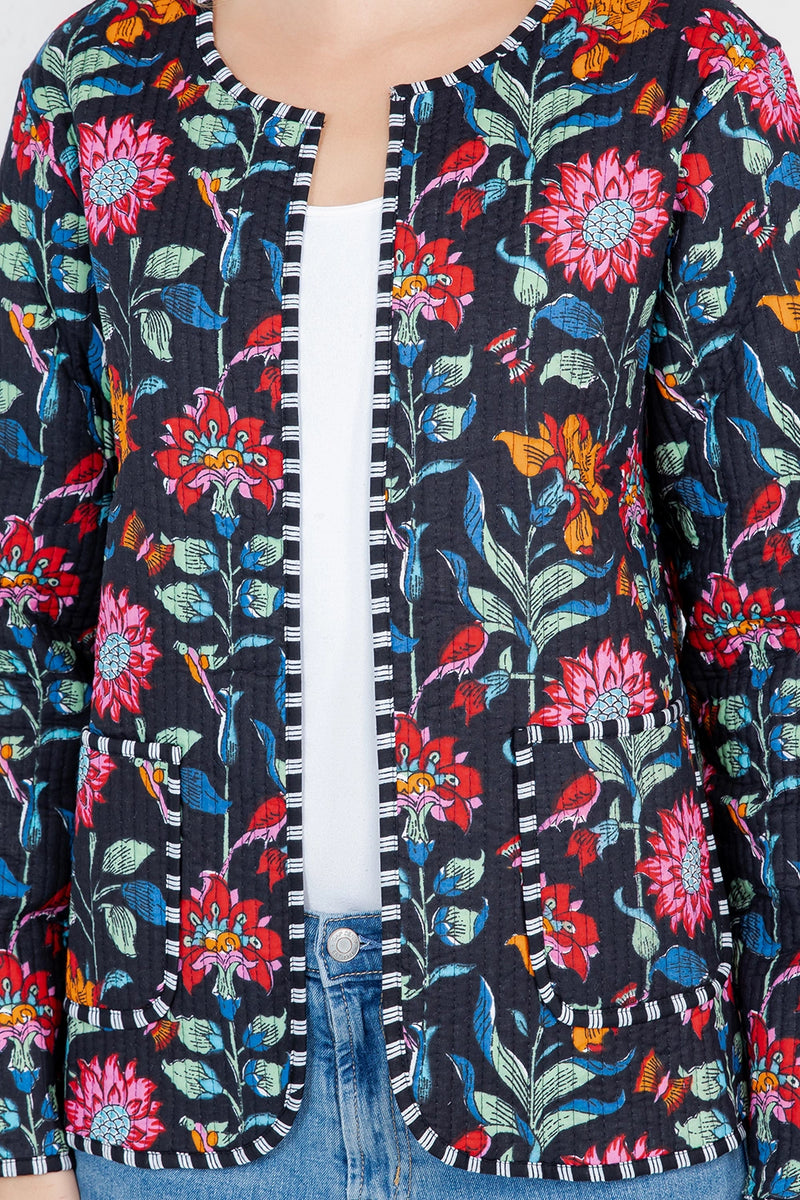 Floral Print Quilted Cotton Jacket - Black