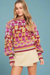 Multicolor Circle Puff Sleeve Sweater - Ivory