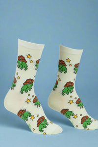 Pair of socks with cartoon frog design on a light background