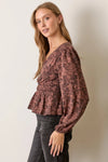 Printed V Neck Top - Mahogany