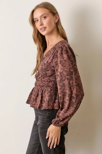 Printed V Neck Top - Mahogany