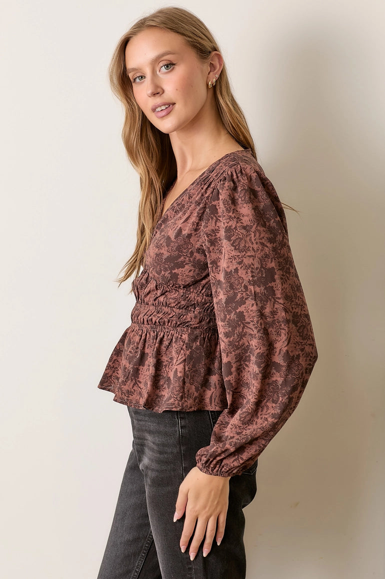 Printed V Neck Top - Mahogany