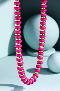 Colorful Wood Disk Bead Necklace - Fuchsia