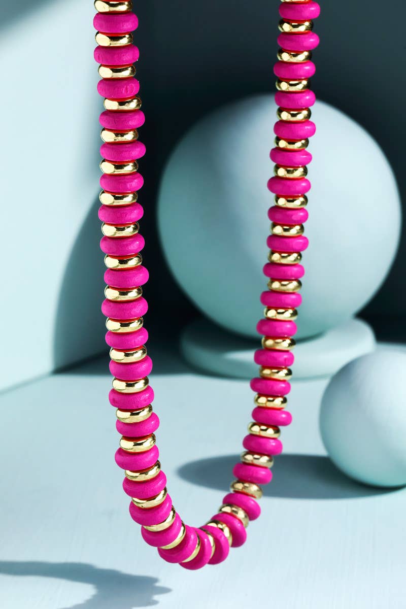 Colorful Wood Disk Bead Necklace - Fuchsia