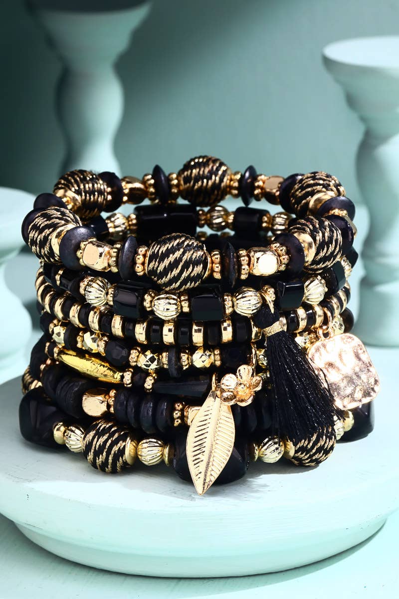 7 Strand Multi Bead Stretch Bracelet - Black