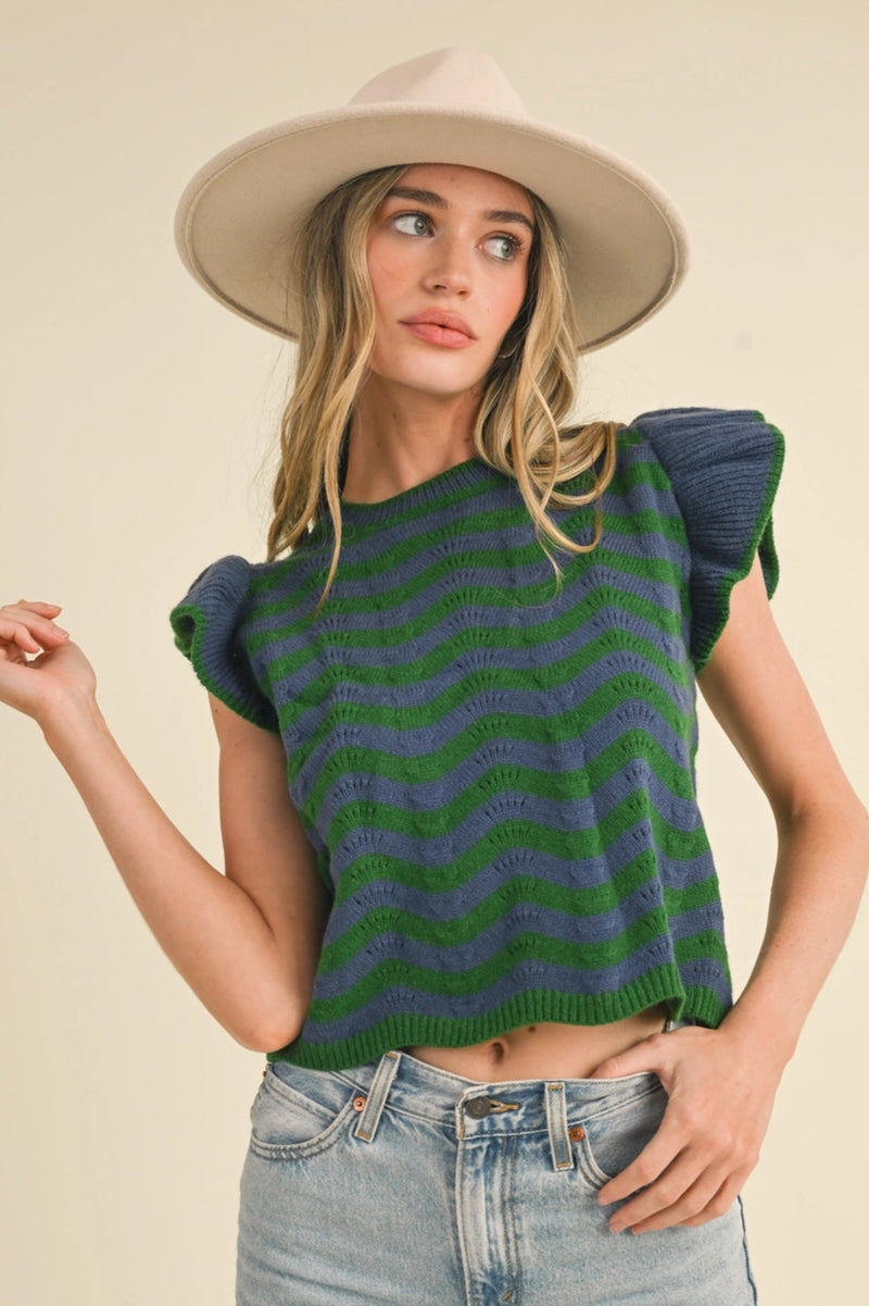 Wavy Stripes Flutter Sleeve Sweater Top - Green