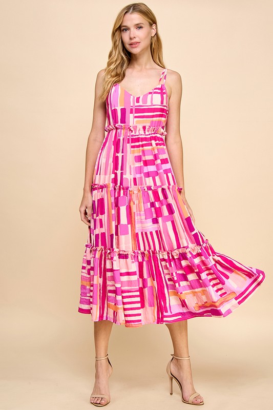 Printed Adjustable Spaghetti Straps Midi Dress Pink