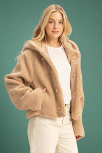 Toggle Hooded Sherpa Jacket - Taupe