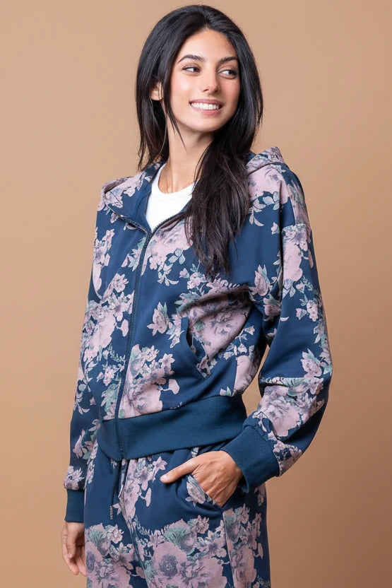 Flower Zip-Up Hoodie - Navy
