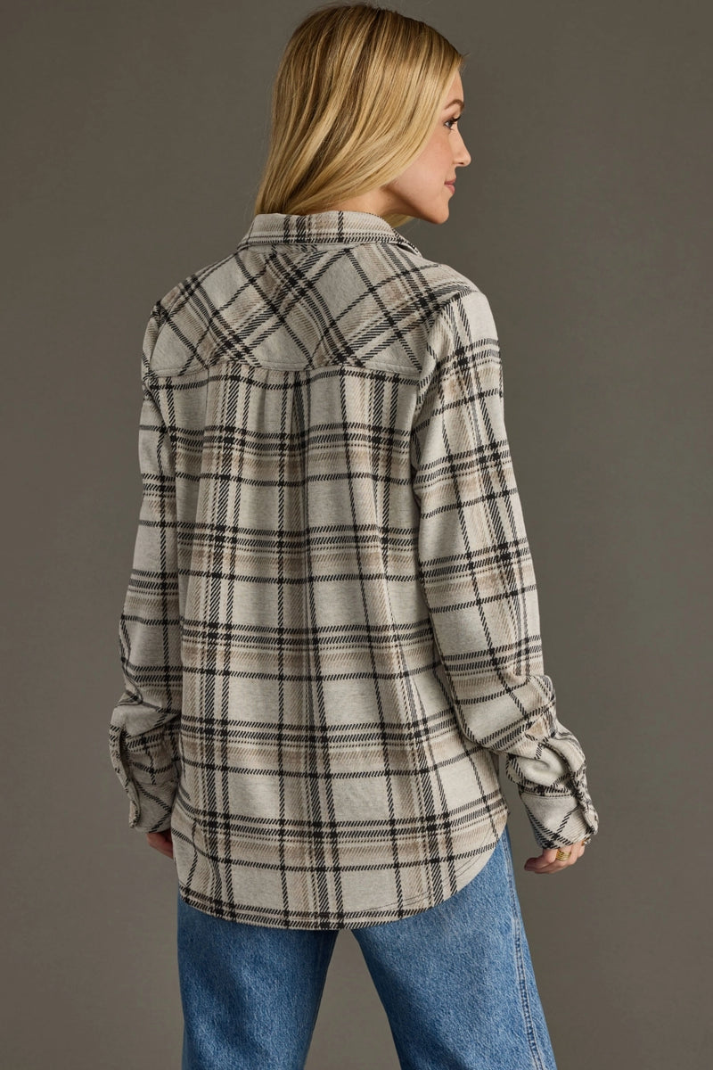 Taupe, Black & Tan Plaid Button Up