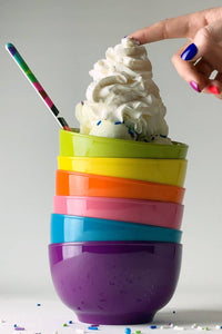 A set of 6 ice cream bowls, each in a different color of the rainbow. These are BPA free and dishwasher safe.