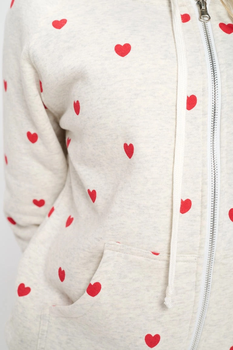 Heart All Over Zip-Up Hoodie - Grey
