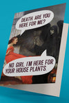 Greeting card with a humorous design of a Grim Reaper and a woman in a red dress on a blue background.