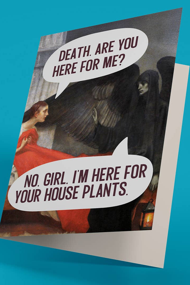 Greeting card with a humorous design of a Grim Reaper and a woman in a red dress on a blue background.