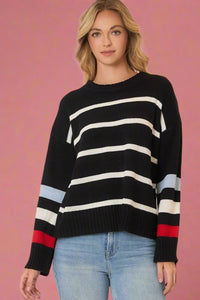 Striped Round Neck Sweater - Black