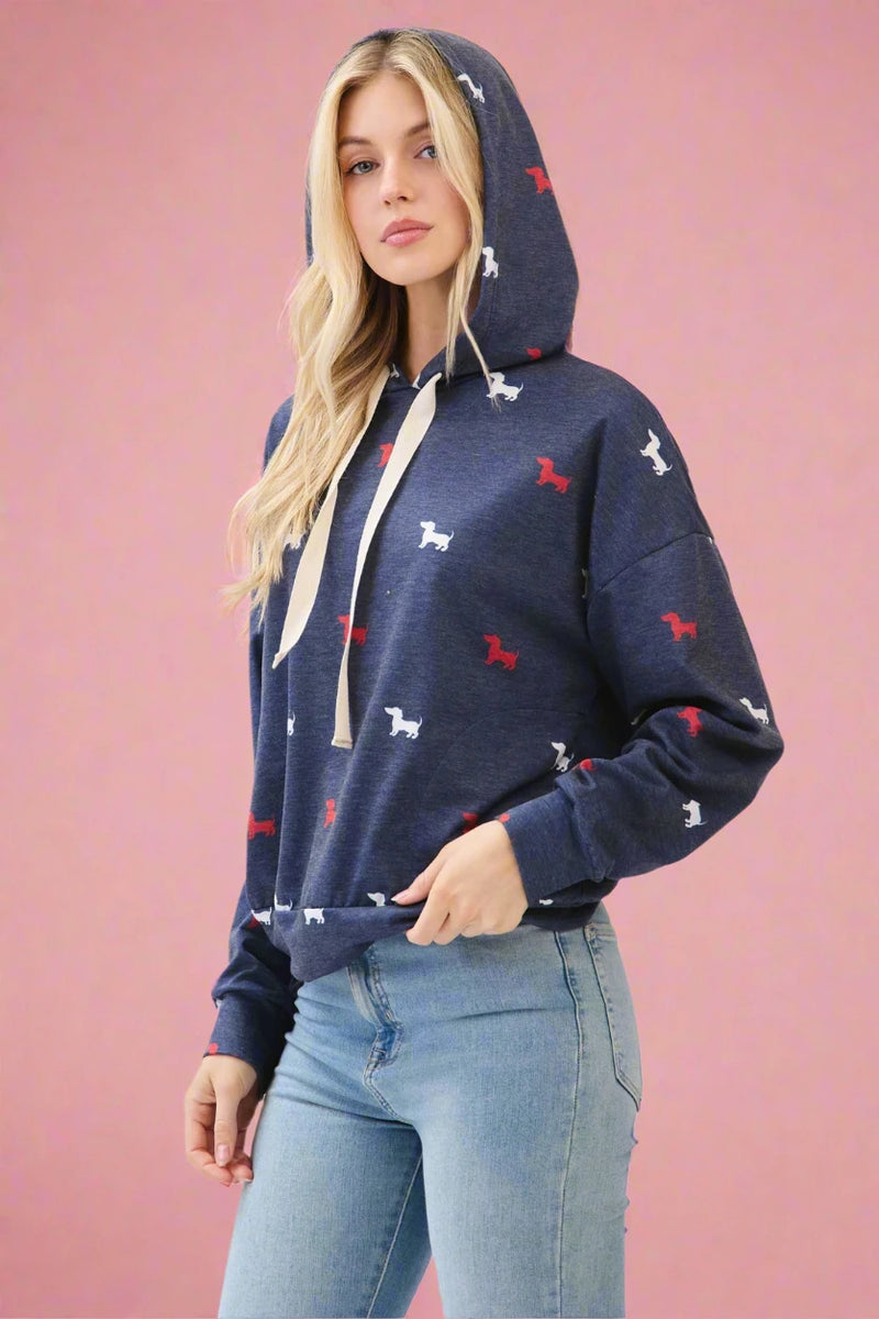 Dog Print Hoodie - Navy