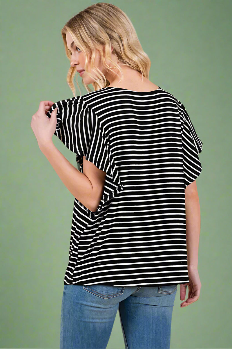 Stripe Ruffle Sleeve T-Shirt - Black