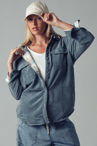 Reversible Plaid Corduroy Shacket - Blue Stone