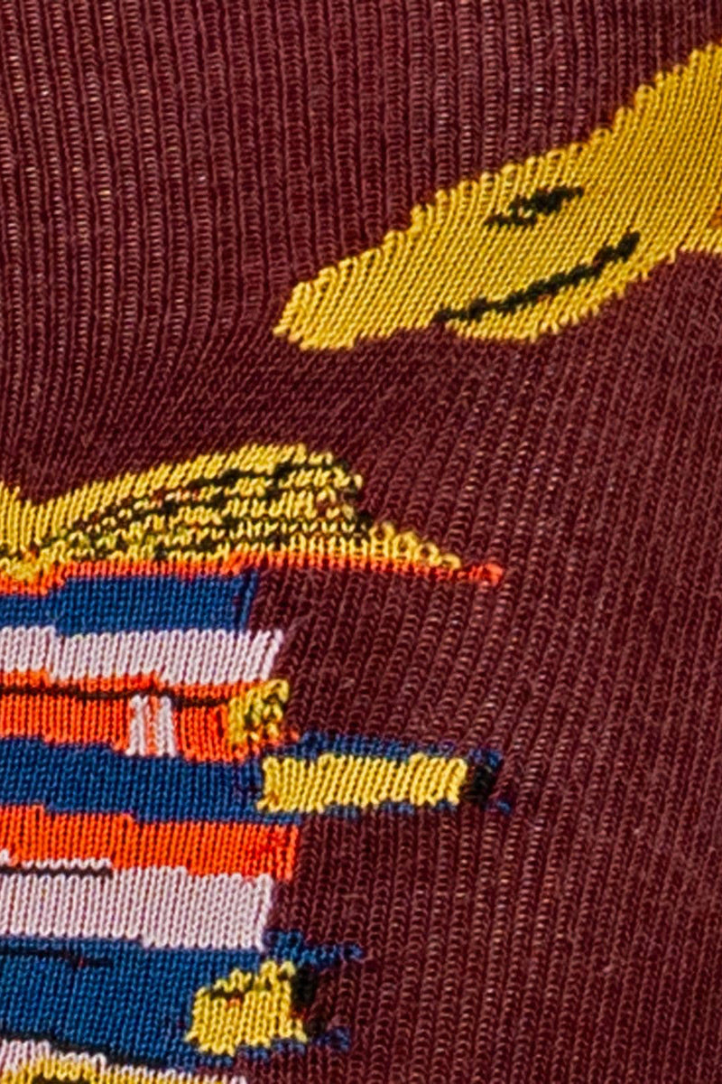 Close-up of a sock with colorful pattern on a maroon background