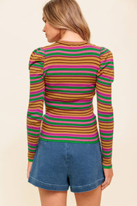 Ribbed Puff Sleeve Striped Top - Pink