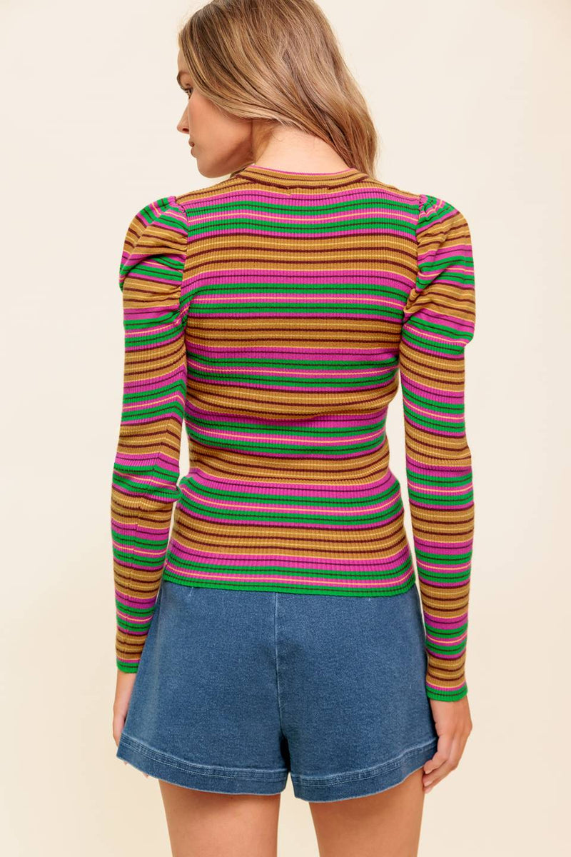 Ribbed Puff Sleeve Striped Top - Pink