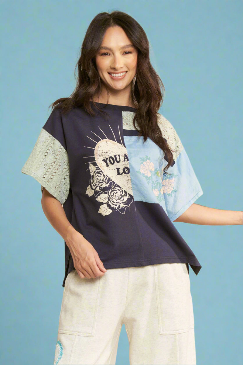 Oversized Patchwork Tee - Navy