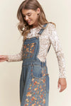Denim Floral Contrast Wide Leg Overalls