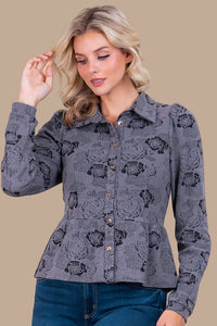 Floral Ruffle Bottom Top - Gray