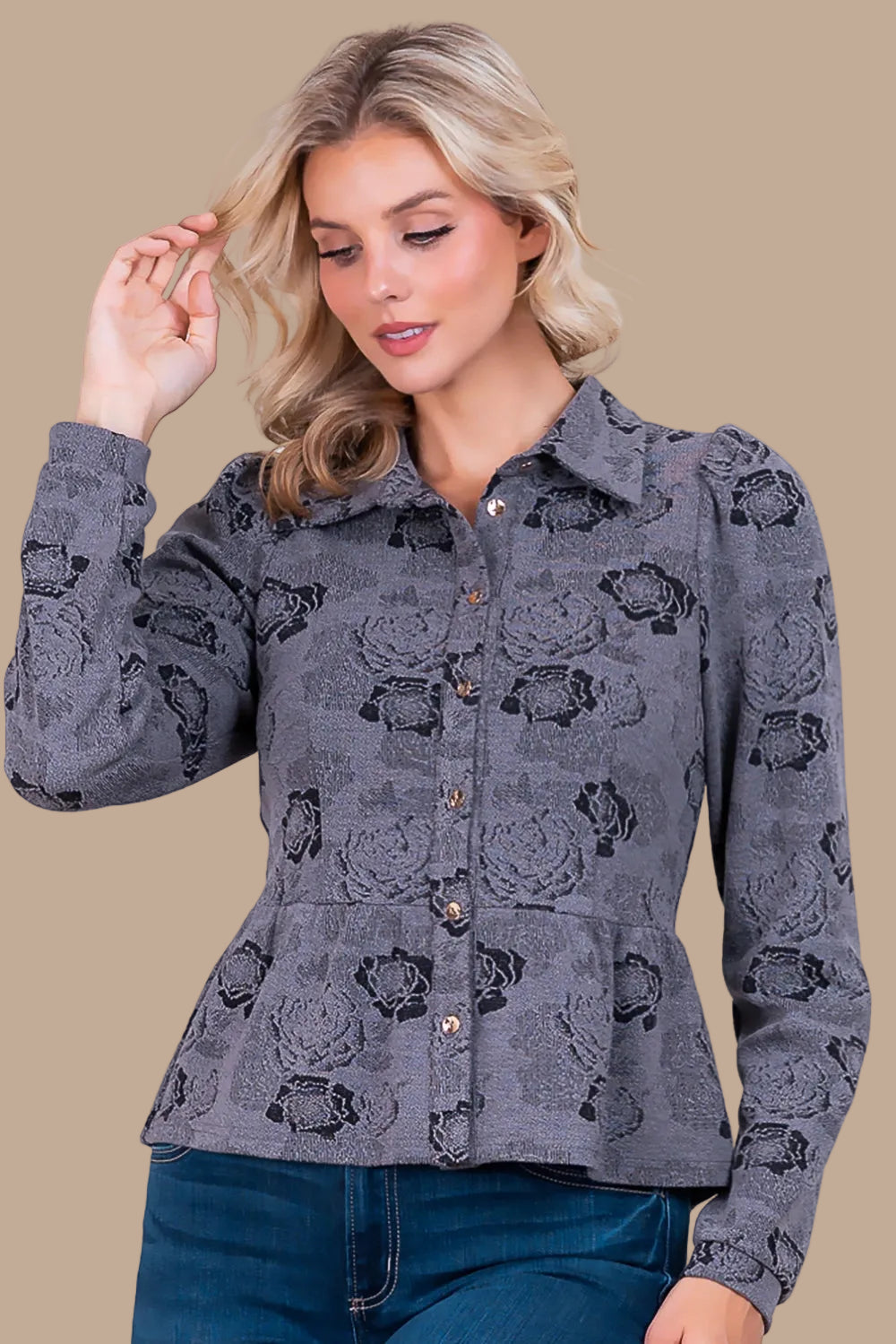 Floral Ruffle Bottom Top - Gray