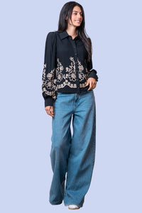 Flower Embroidered Shirt - Black