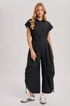 Button Down Utility Shirting Jumpsuit - Black