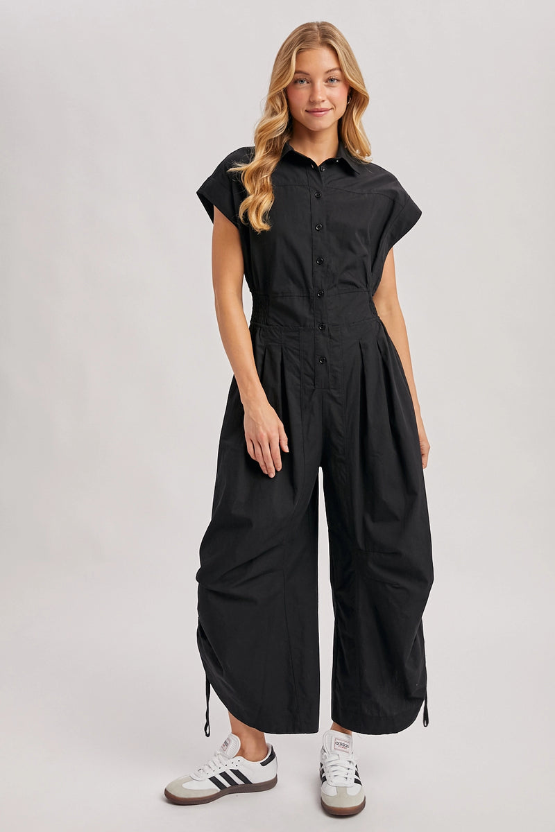Button Down Utility Shirting Jumpsuit - Black