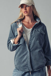 Reversible Plaid Corduroy Shacket - Blue Stone