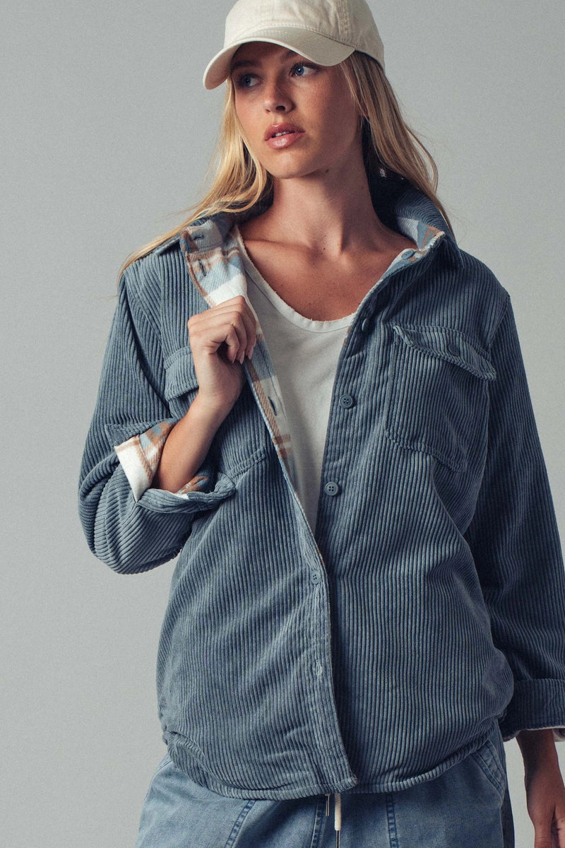Reversible Plaid Corduroy Shacket - Blue Stone