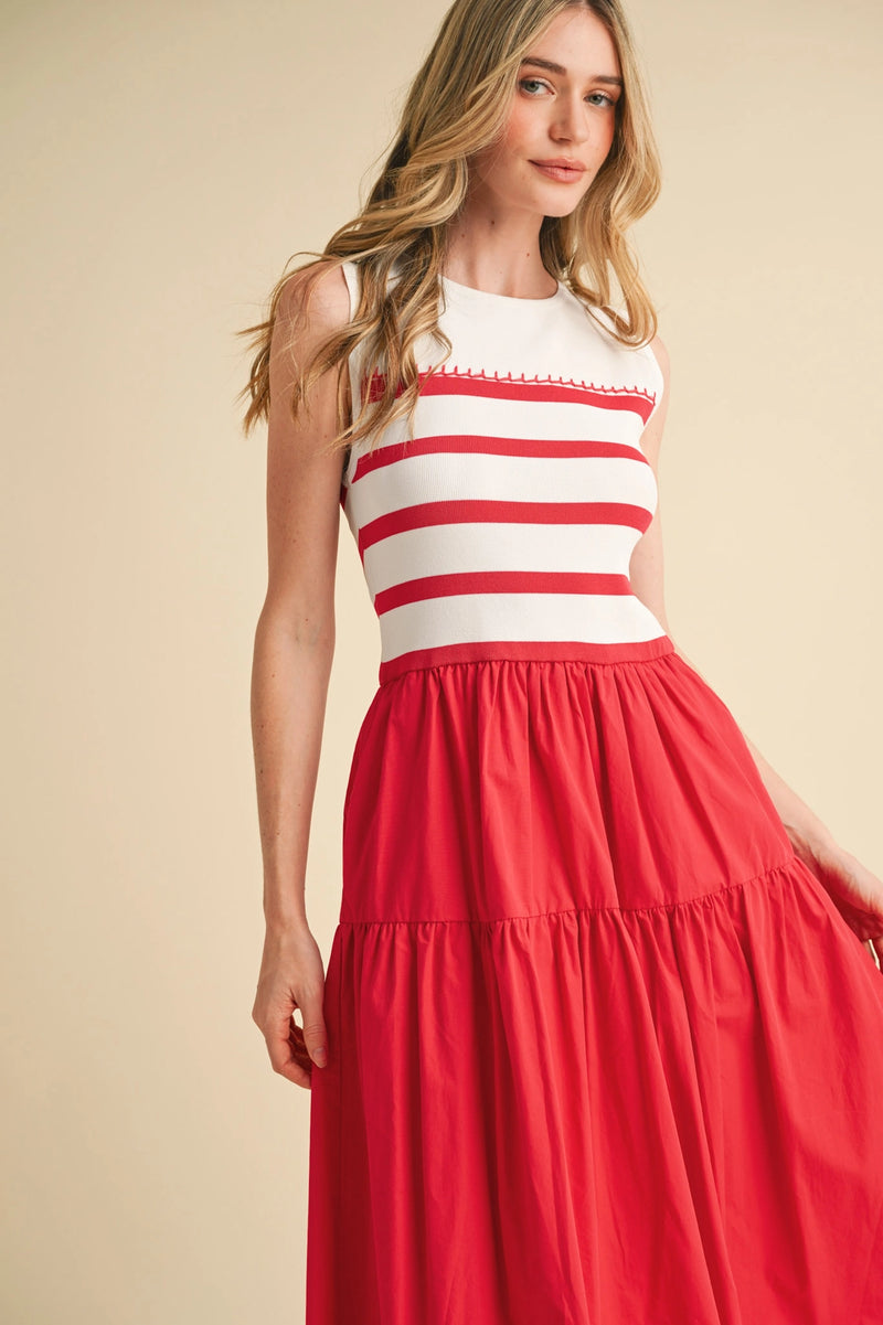 Mixed Media Striped Midi Dress - Red