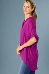 Oversized Button Down Short Sleeve Solid Top - Magenta